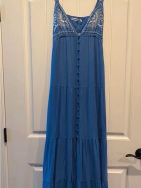 Blue Embroidered Button-Front Maxi Dress